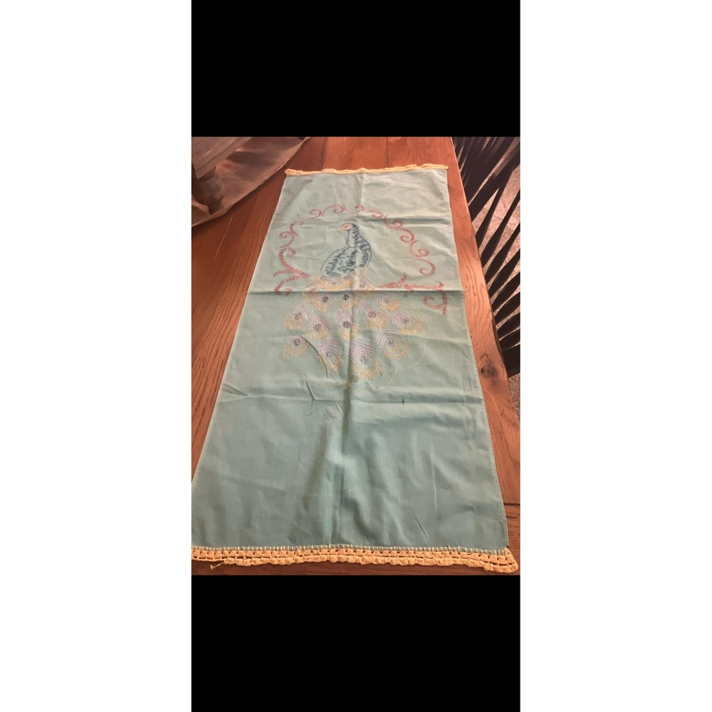 Blue Embroidered Peacock Fabric Table Runner Rectangular 1-Pack